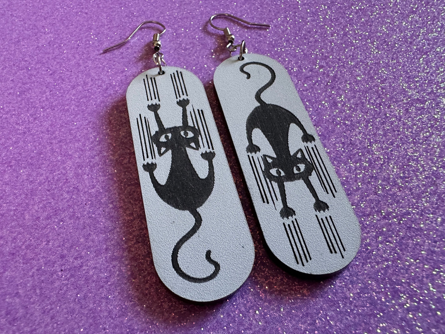 Scratching Cat Earrings: Laser Cut Acrylic Cats, Kitty, Kitten, Pussy Cat, Animal, Feline, Black Cat, White Cat, Best Gifts for Her/Him/Them