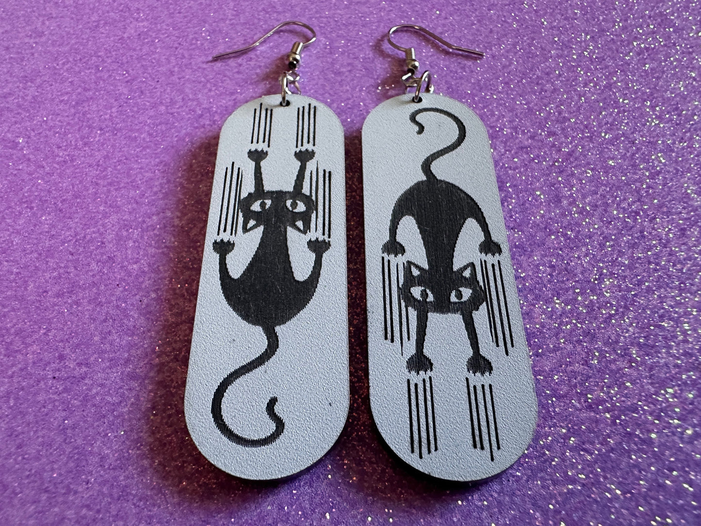 Scratching Cat Earrings: Laser Cut Acrylic Cats, Kitty, Kitten, Pussy Cat, Animal, Feline, Black Cat, White Cat, Best Gifts for Her/Him/Them