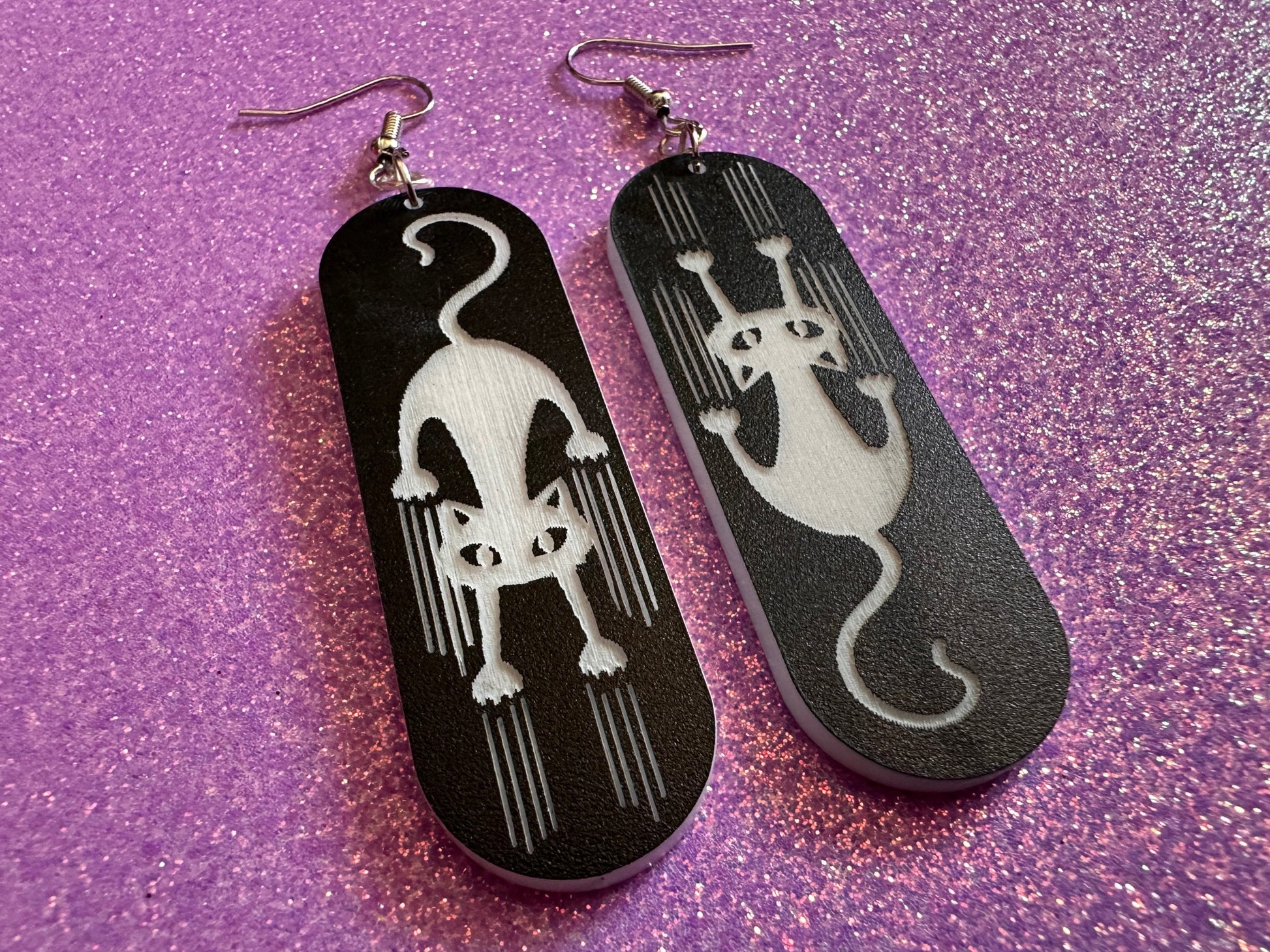 Scratching Cat Earrings: Laser Cut Acrylic Cats, Kitty, Kitten, Pussy Cat, Animal, Feline, Black Cat, White Cat, Best Gifts for Her/Him/Them