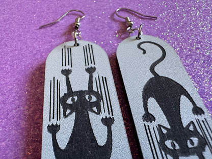 Scratching Cat Earrings: Laser Cut Acrylic Cats, Kitty, Kitten, Pussy Cat, Animal, Feline, Black Cat, White Cat, Best Gifts for Her/Him/Them