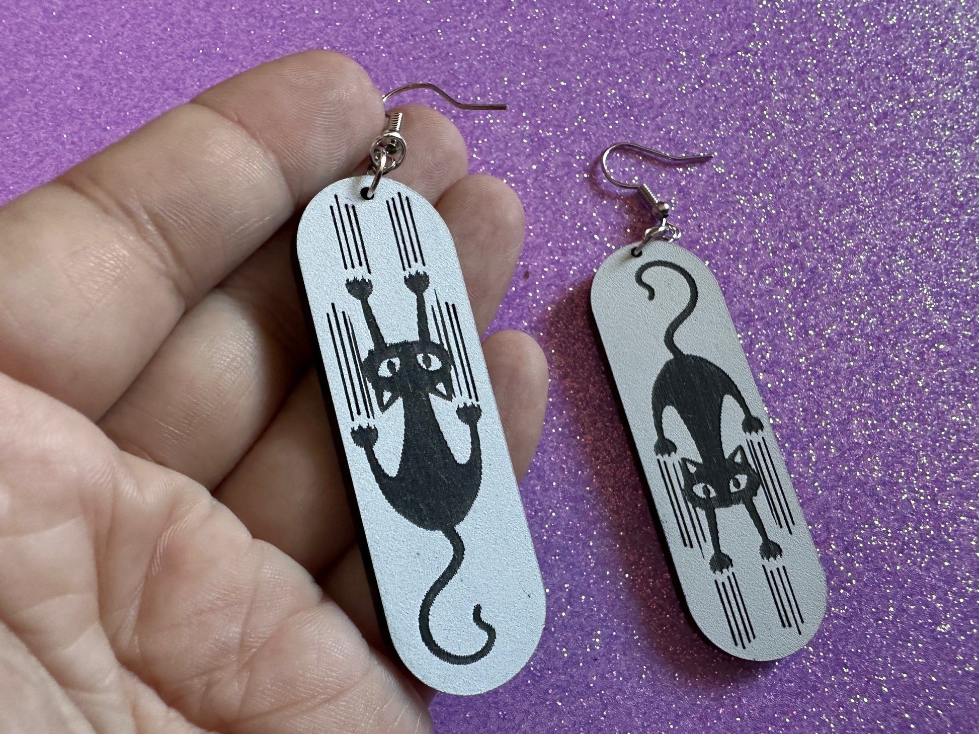 Scratching Cat Earrings: Laser Cut Acrylic Cats, Kitty, Kitten, Pussy Cat, Animal, Feline, Black Cat, White Cat, Best Gifts for Her/Him/Them