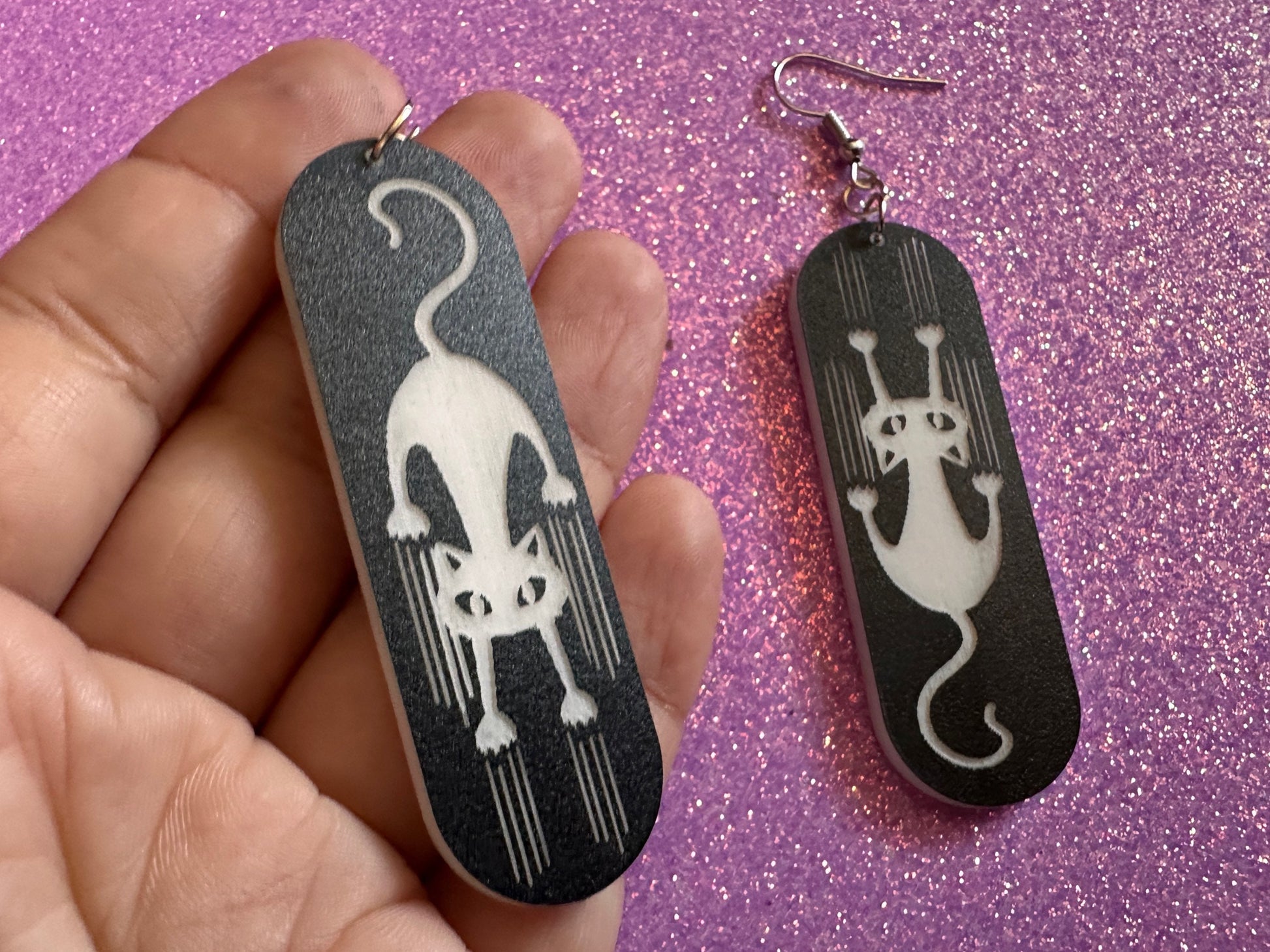 Scratching Cat Earrings: Laser Cut Acrylic Cats, Kitty, Kitten, Pussy Cat, Animal, Feline, Black Cat, White Cat, Best Gifts for Her/Him/Them