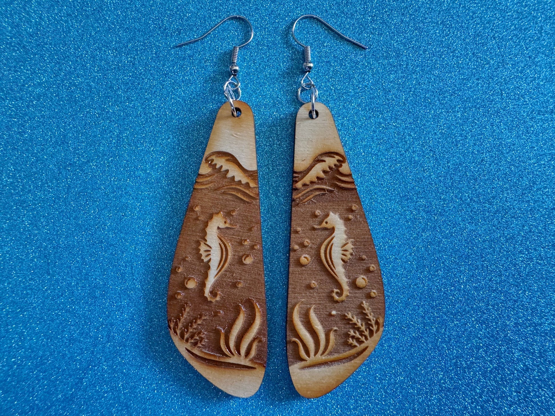 Seahorse Earrings: Laser Cut Wood Sea Creature, Waves, Ocean, Seaweed, Diving, Tropical Dive, Hawaii, Aquatic, Best Gifts for Her/Him/Them