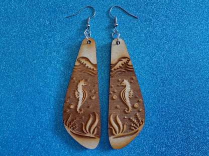 Seahorse Earrings: Laser Cut Wood Sea Creature, Waves, Ocean, Seaweed, Diving, Tropical Dive, Hawaii, Aquatic, Best Gifts for Her/Him/Them