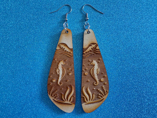 Seahorse Earrings: Laser Cut Wood Sea Creature, Waves, Ocean, Seaweed, Diving, Tropical Dive, Hawaii, Aquatic, Best Gifts for Her/Him/Them