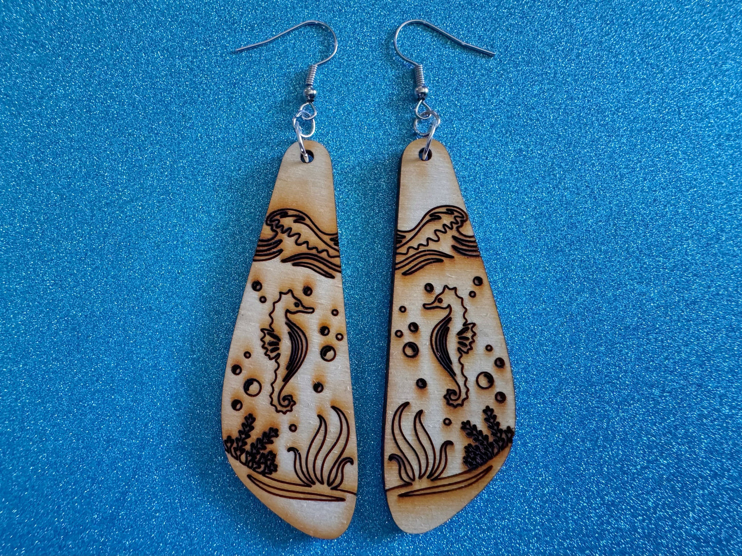 Seahorse Earrings: Laser Cut Wood Sea Creature, Waves, Ocean, Seaweed, Diving, Tropical Dive, Hawaii, Aquatic, Best Gifts for Her/Him/Them