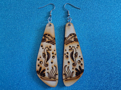 Seahorse Earrings: Laser Cut Wood Sea Creature, Waves, Ocean, Seaweed, Diving, Tropical Dive, Hawaii, Aquatic, Best Gifts for Her/Him/Them