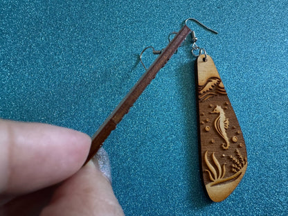 Seahorse Earrings: Laser Cut Wood Sea Creature, Waves, Ocean, Seaweed, Diving, Tropical Dive, Hawaii, Aquatic, Best Gifts for Her/Him/Them