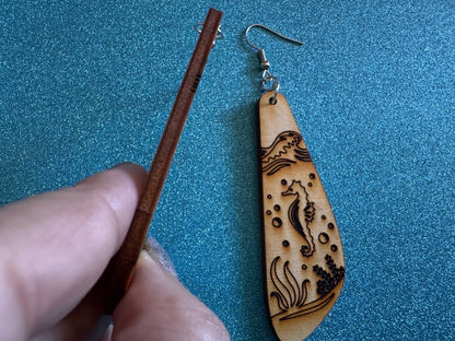 Seahorse Earrings: Laser Cut Wood Sea Creature, Waves, Ocean, Seaweed, Diving, Tropical Dive, Hawaii, Aquatic, Best Gifts for Her/Him/Them