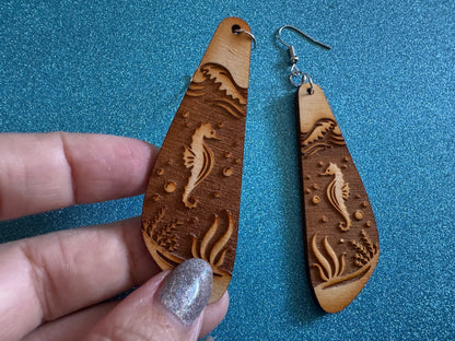 Seahorse Earrings: Laser Cut Wood Sea Creature, Waves, Ocean, Seaweed, Diving, Tropical Dive, Hawaii, Aquatic, Best Gifts for Her/Him/Them