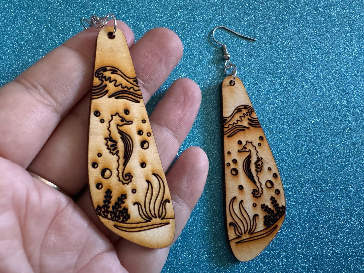 Seahorse Earrings: Laser Cut Wood Sea Creature, Waves, Ocean, Seaweed, Diving, Tropical Dive, Hawaii, Aquatic, Best Gifts for Her/Him/Them