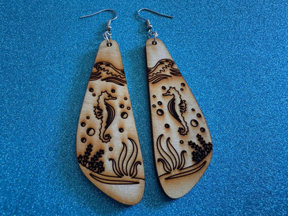 Seahorse Earrings: Laser Cut Wood Sea Creature, Waves, Ocean, Seaweed, Diving, Tropical Dive, Hawaii, Aquatic, Best Gifts for Her/Him/Them