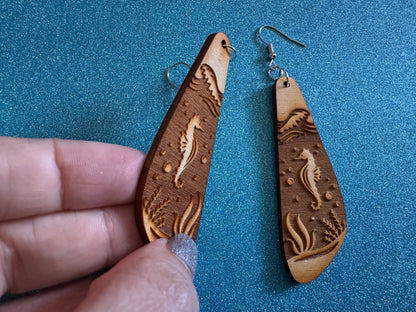 Seahorse Earrings: Laser Cut Wood Sea Creature, Waves, Ocean, Seaweed, Diving, Tropical Dive, Hawaii, Aquatic, Best Gifts for Her/Him/Them