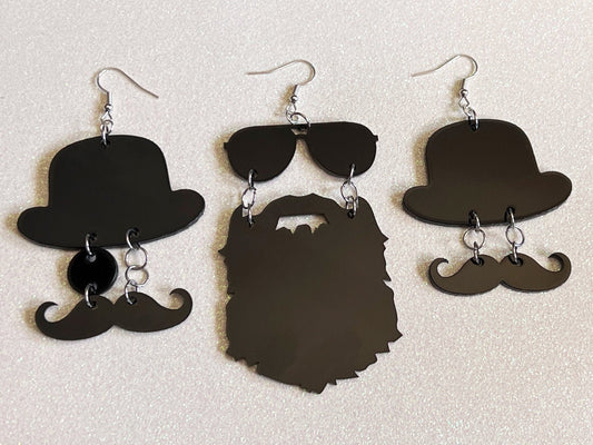 Silhouette Earrings: Laser Cut Acrylic Hats, Sunglasses, Monocle, Beard, Lumbersexual, Hipster, Cool, Mustache, Best Gifts for Her/Him/Them