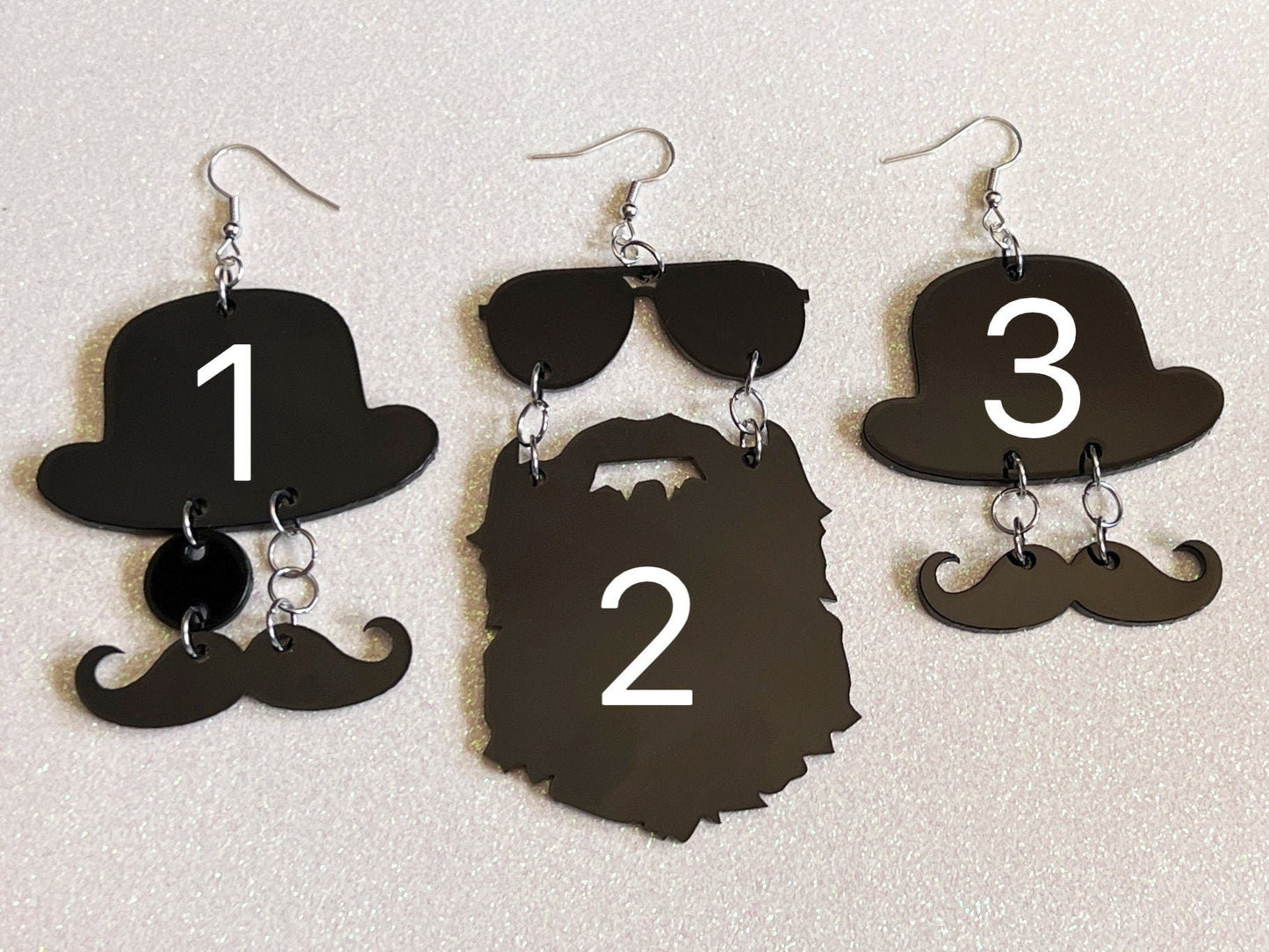 Silhouette Earrings: Laser Cut Acrylic Hats, Sunglasses, Monocle, Beard, Lumbersexual, Hipster, Cool, Mustache, Best Gifts for Her/Him/Them