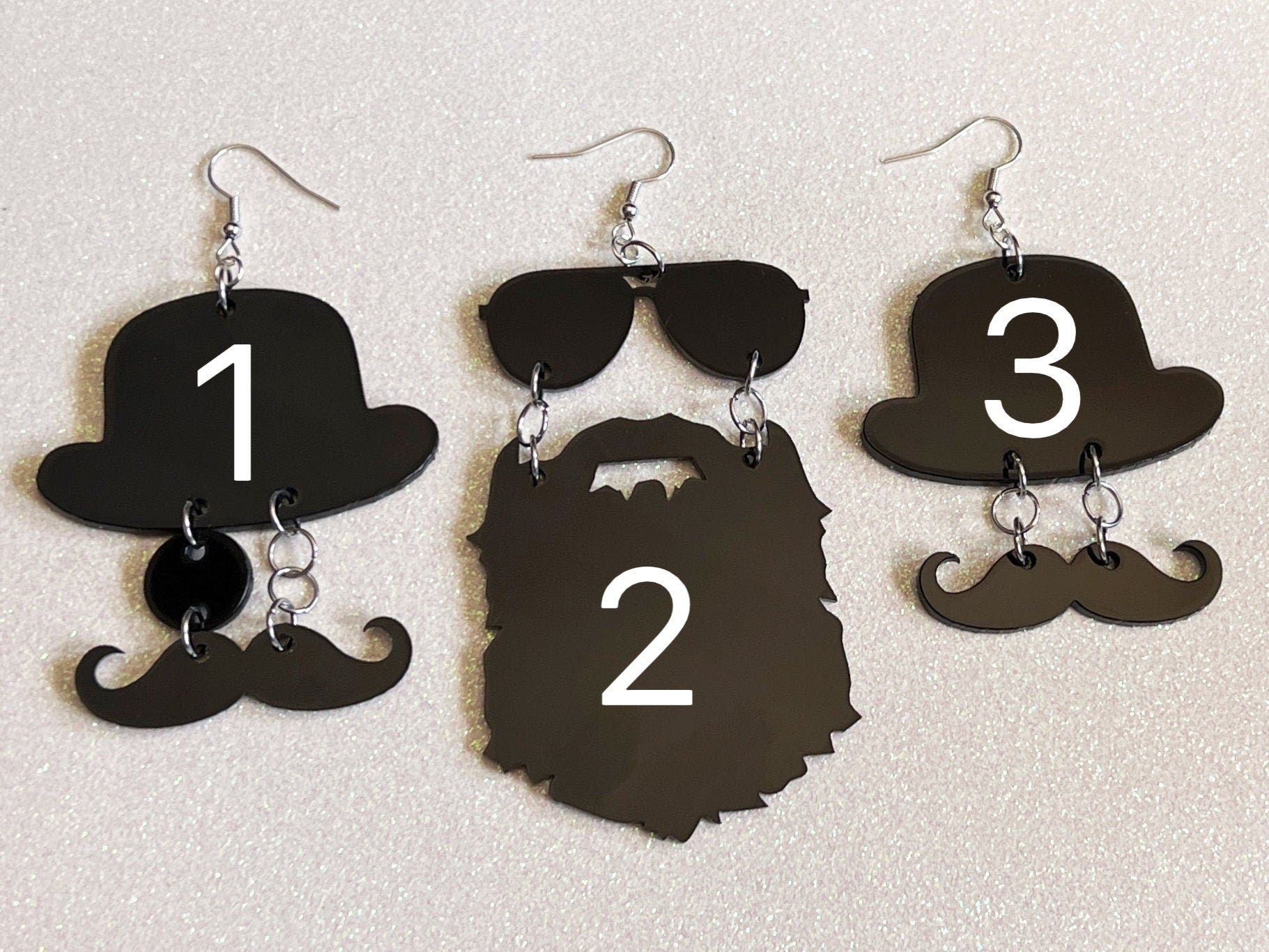 Silhouette Earrings: Laser Cut Acrylic Hats, Sunglasses, Monocle, Beard, Lumbersexual, Hipster, Cool, Mustache, Best Gifts for Her/Him/Them