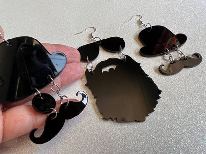Silhouette Earrings: Laser Cut Acrylic Hats, Sunglasses, Monocle, Beard, Lumbersexual, Hipster, Cool, Mustache, Best Gifts for Her/Him/Them