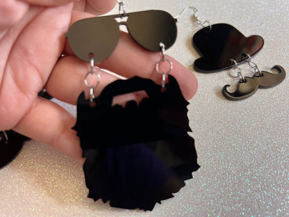 Silhouette Earrings: Laser Cut Acrylic Hats, Sunglasses, Monocle, Beard, Lumbersexual, Hipster, Cool, Mustache, Best Gifts for Her/Him/Them