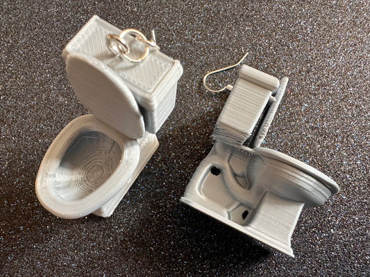 Silver 3D-Printed Toilet Earrings: Bathroom, Loo, Restroom, Water Closet WC, Novelty, Plumber, Porcelain Throne, Best Gifts for Her/Him/Them