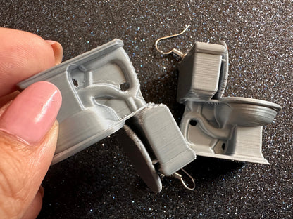 Silver 3D-Printed Toilet Earrings: Bathroom, Loo, Restroom, Water Closet WC, Novelty, Plumber, Porcelain Throne, Best Gifts for Her/Him/Them