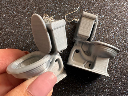 Silver 3D-Printed Toilet Earrings: Bathroom, Loo, Restroom, Water Closet WC, Novelty, Plumber, Porcelain Throne, Best Gifts for Her/Him/Them
