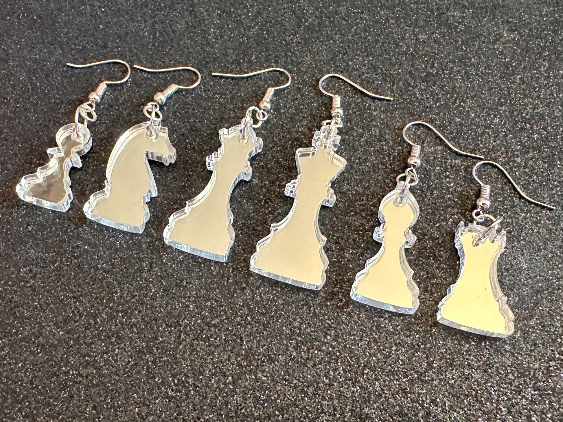Silver Mirrored Chess Earrings: Laser Cut Acrylic Chess Pieces, Board Game, King, Queen, Pawn, Knight, Tower, Best Gifts for Her/Him/Them