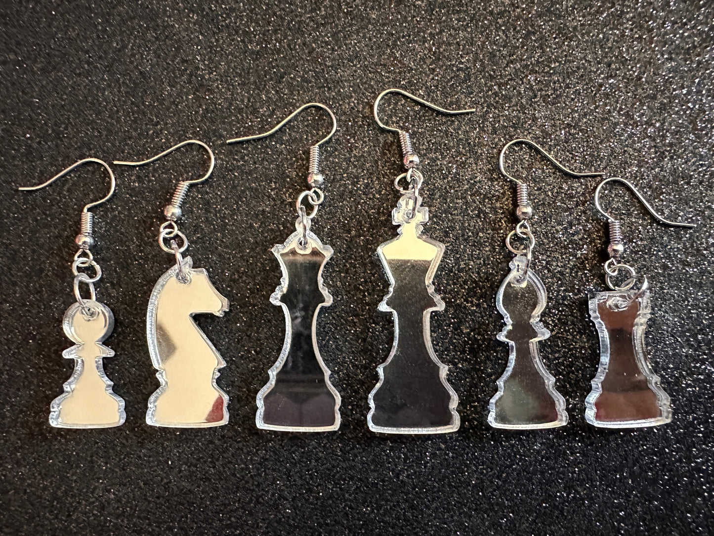 Silver Mirrored Chess Earrings: Laser Cut Acrylic Chess Pieces, Board Game, King, Queen, Pawn, Knight, Tower, Best Gifts for Her/Him/Them