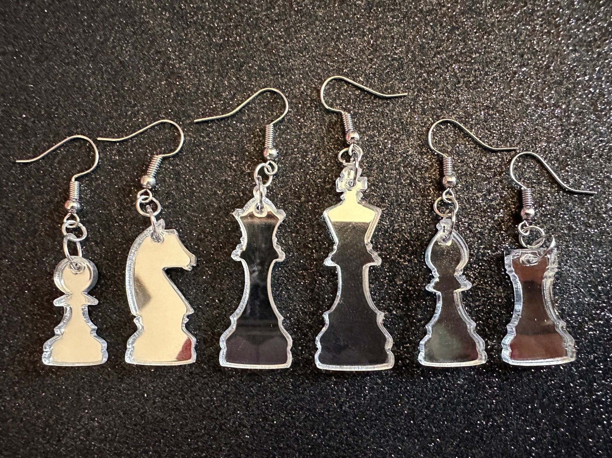 Silver Mirrored Chess Earrings: Laser Cut Acrylic Chess Pieces, Board Game, King, Queen, Pawn, Knight, Tower, Best Gifts for Her/Him/Them