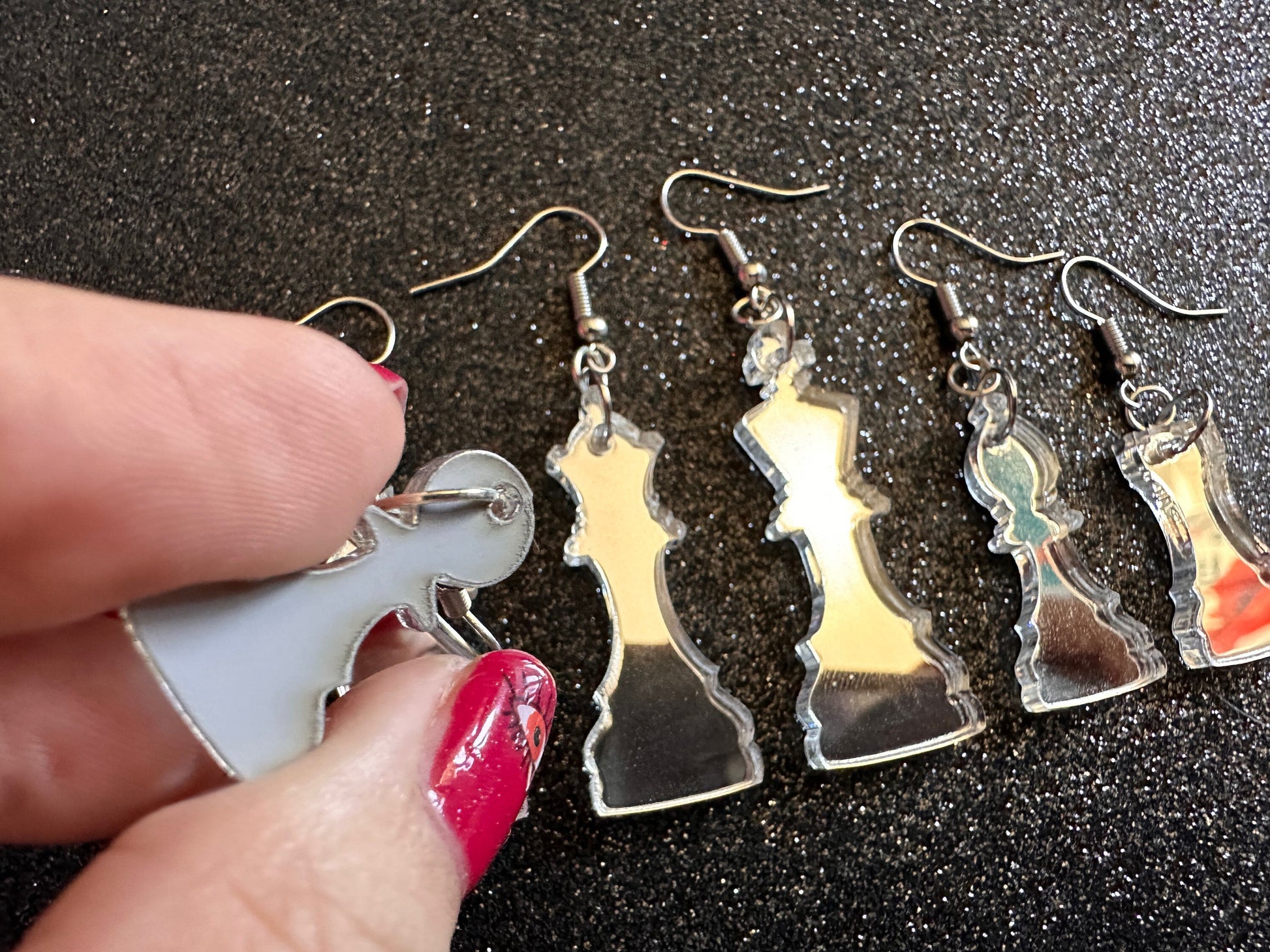 Silver Mirrored Chess Earrings: Laser Cut Acrylic Chess Pieces, Board Game, King, Queen, Pawn, Knight, Tower, Best Gifts for Her/Him/Them