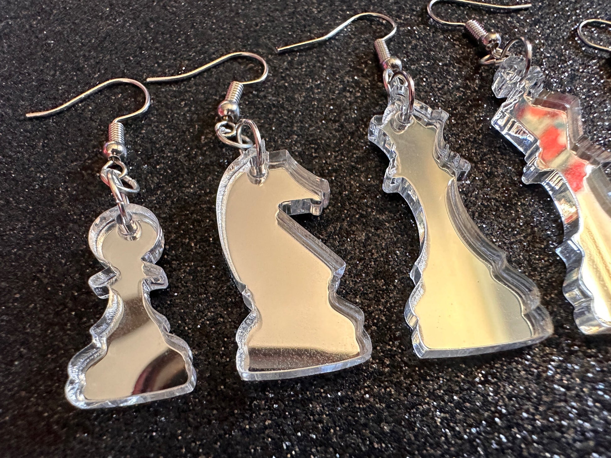 Silver Mirrored Chess Earrings: Laser Cut Acrylic Chess Pieces, Board Game, King, Queen, Pawn, Knight, Tower, Best Gifts for Her/Him/Them