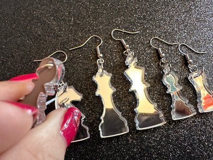 Silver Mirrored Chess Earrings: Laser Cut Acrylic Chess Pieces, Board Game, King, Queen, Pawn, Knight, Tower, Best Gifts for Her/Him/Them
