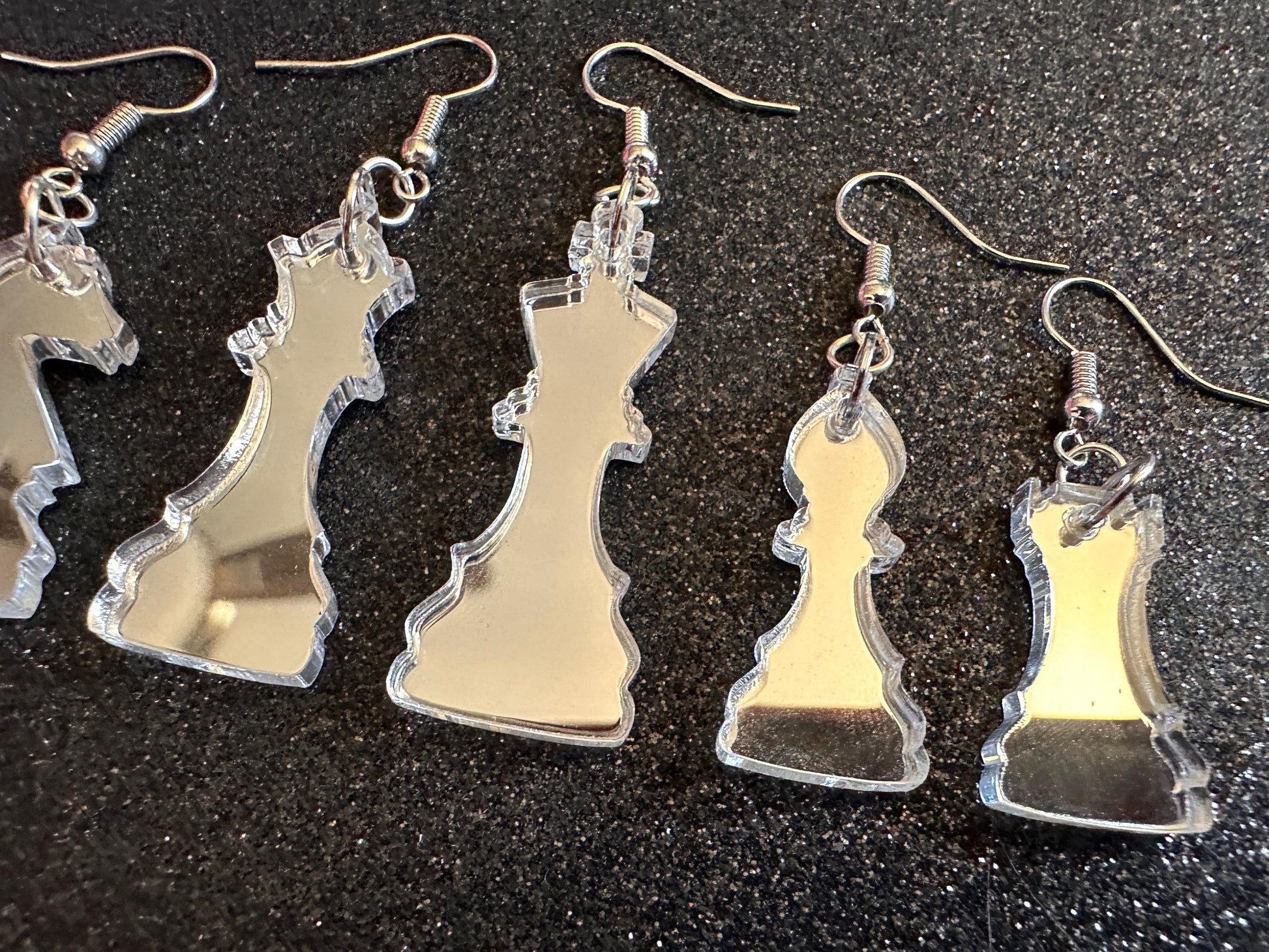 Silver Mirrored Chess Earrings: Laser Cut Acrylic Chess Pieces, Board Game, King, Queen, Pawn, Knight, Tower, Best Gifts for Her/Him/Them
