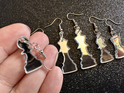 Silver Mirrored Chess Earrings: Laser Cut Acrylic Chess Pieces, Board Game, King, Queen, Pawn, Knight, Tower, Best Gifts for Her/Him/Them