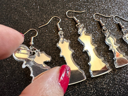 Silver Mirrored Chess Earrings: Laser Cut Acrylic Chess Pieces, Board Game, King, Queen, Pawn, Knight, Tower, Best Gifts for Her/Him/Them