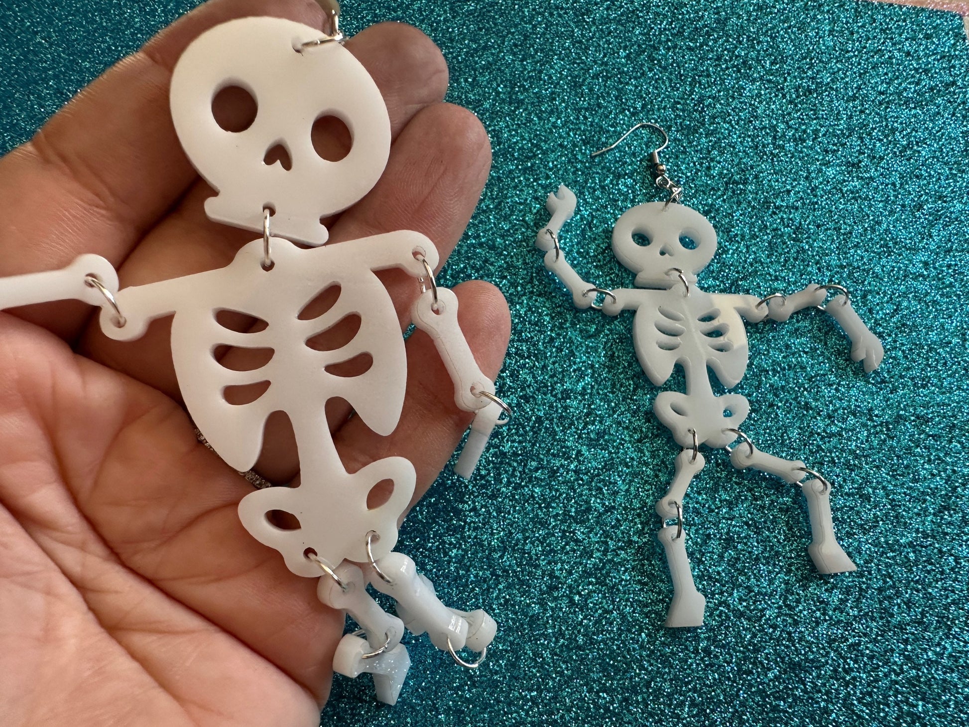 Skeleton Earrings: Laser Cut Acrylic Skeletons, Moving Skeletons, Halloween, Scary, Spooky, Holiday, Bones, Best Gifts for Her/Him/Them