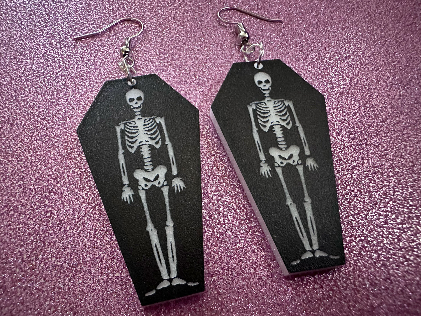 Skeleton in Coffin Earrings: Laser Cut Acrylic Skeletons, Coffins, Halloween, Scary, Spooky, Holiday, Bones, Best Gifts for Her/Him/Them