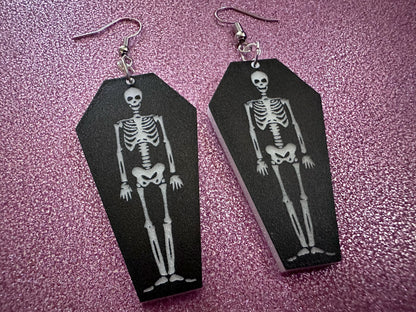 Skeleton in Coffin Earrings: Laser Cut Acrylic Skeletons, Coffins, Halloween, Scary, Spooky, Holiday, Bones, Best Gifts for Her/Him/Them