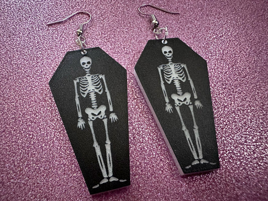 Skeleton in Coffin Earrings: Laser Cut Acrylic Skeletons, Coffins, Halloween, Scary, Spooky, Holiday, Bones, Best Gifts for Her/Him/Them
