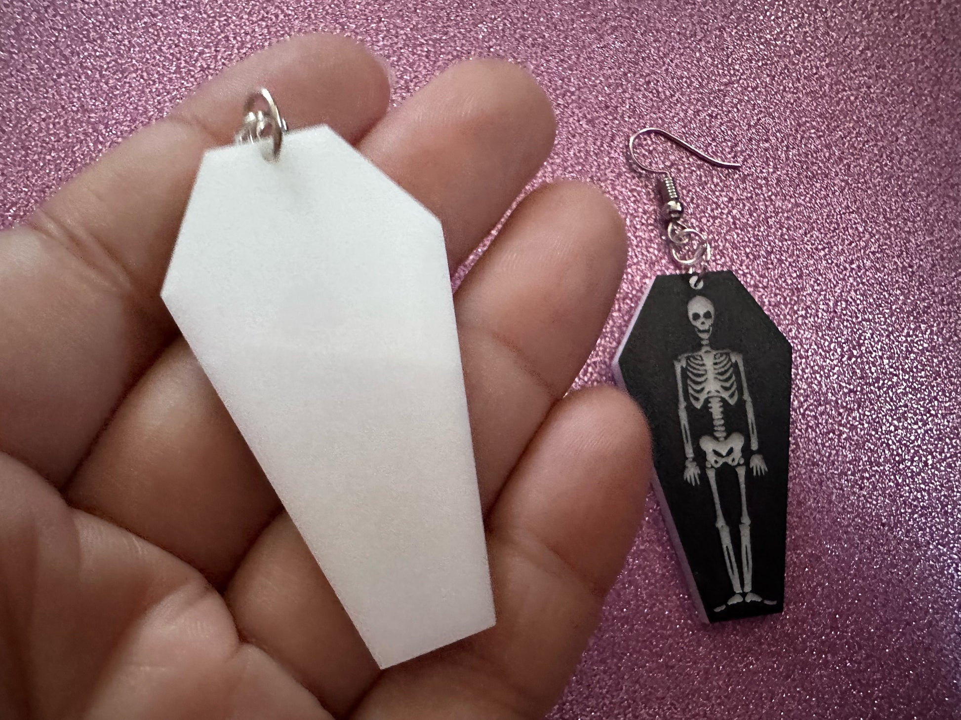 Skeleton in Coffin Earrings: Laser Cut Acrylic Skeletons, Coffins, Halloween, Scary, Spooky, Holiday, Bones, Best Gifts for Her/Him/Them