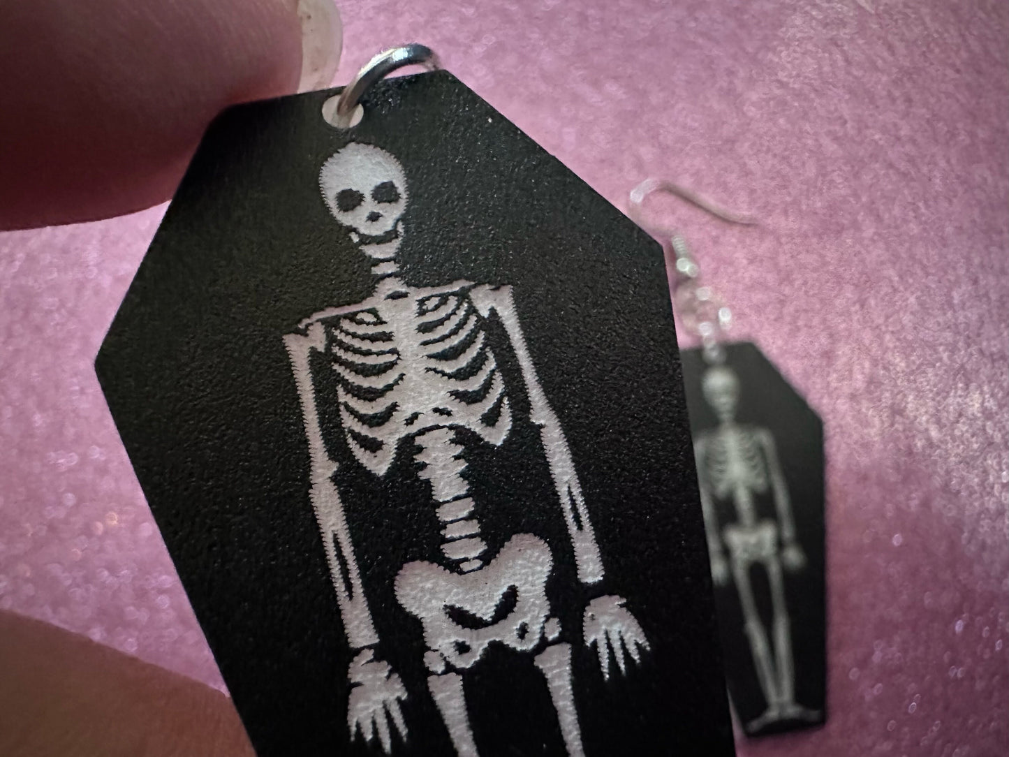 Skeleton in Coffin Earrings: Laser Cut Acrylic Skeletons, Coffins, Halloween, Scary, Spooky, Holiday, Bones, Best Gifts for Her/Him/Them