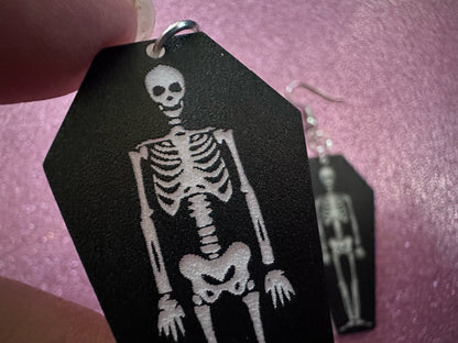 Skeleton in Coffin Earrings: Laser Cut Acrylic Skeletons, Coffins, Halloween, Scary, Spooky, Holiday, Bones, Best Gifts for Her/Him/Them