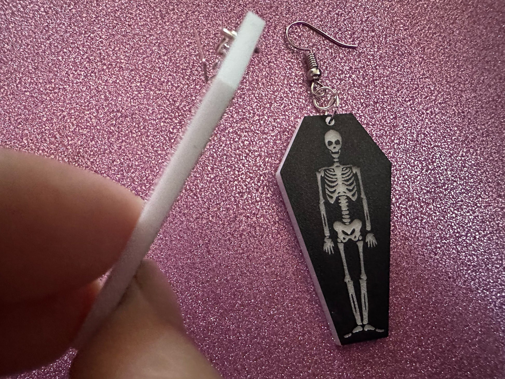 Skeleton in Coffin Earrings: Laser Cut Acrylic Skeletons, Coffins, Halloween, Scary, Spooky, Holiday, Bones, Best Gifts for Her/Him/Them