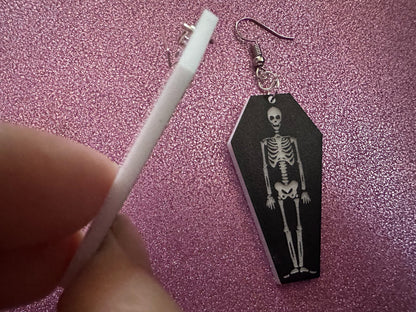 Skeleton in Coffin Earrings: Laser Cut Acrylic Skeletons, Coffins, Halloween, Scary, Spooky, Holiday, Bones, Best Gifts for Her/Him/Them