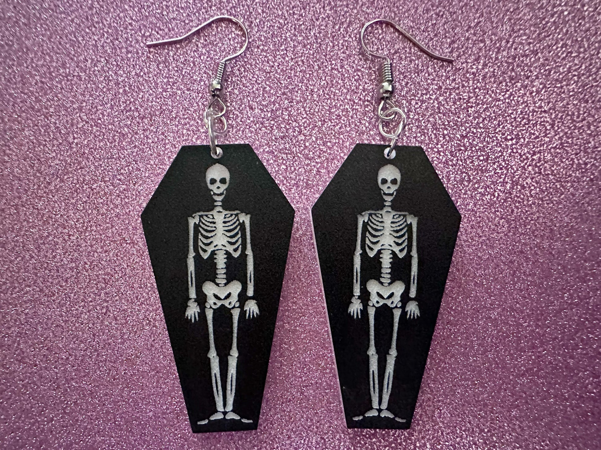 Skeleton in Coffin Earrings: Laser Cut Acrylic Skeletons, Coffins, Halloween, Scary, Spooky, Holiday, Bones, Best Gifts for Her/Him/Them