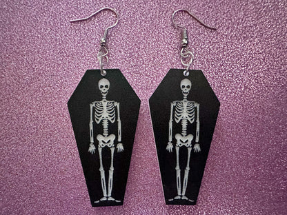Skeleton in Coffin Earrings: Laser Cut Acrylic Skeletons, Coffins, Halloween, Scary, Spooky, Holiday, Bones, Best Gifts for Her/Him/Them