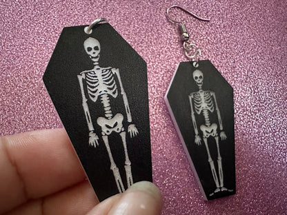 Skeleton in Coffin Earrings: Laser Cut Acrylic Skeletons, Coffins, Halloween, Scary, Spooky, Holiday, Bones, Best Gifts for Her/Him/Them