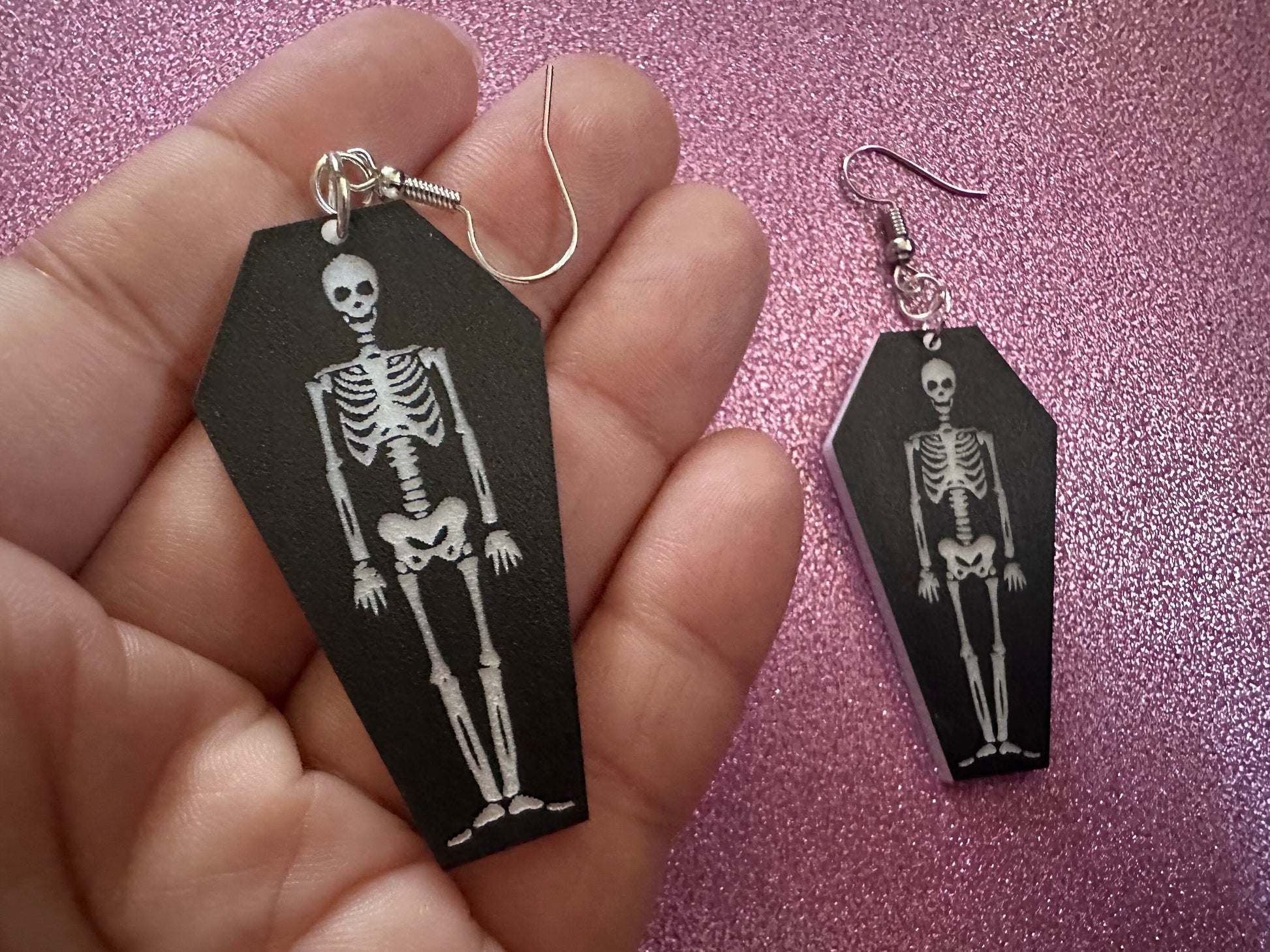Skeleton in Coffin Earrings: Laser Cut Acrylic Skeletons, Coffins, Halloween, Scary, Spooky, Holiday, Bones, Best Gifts for Her/Him/Them