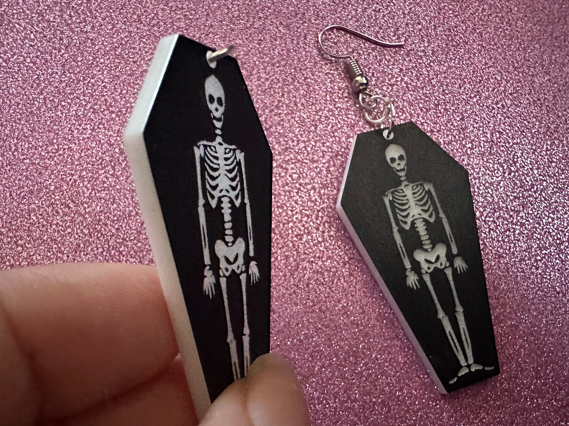 Skeleton in Coffin Earrings: Laser Cut Acrylic Skeletons, Coffins, Halloween, Scary, Spooky, Holiday, Bones, Best Gifts for Her/Him/Them