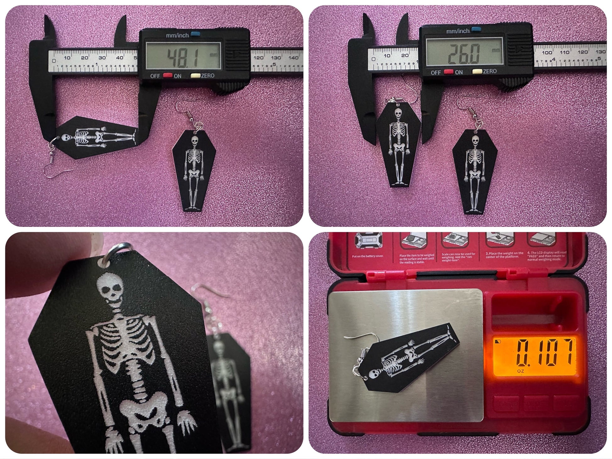 Skeleton in Coffin Earrings: Laser Cut Acrylic Skeletons, Coffins, Halloween, Scary, Spooky, Holiday, Bones, Best Gifts for Her/Him/Them