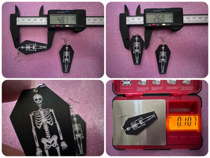 Skeleton in Coffin Earrings: Laser Cut Acrylic Skeletons, Coffins, Halloween, Scary, Spooky, Holiday, Bones, Best Gifts for Her/Him/Them